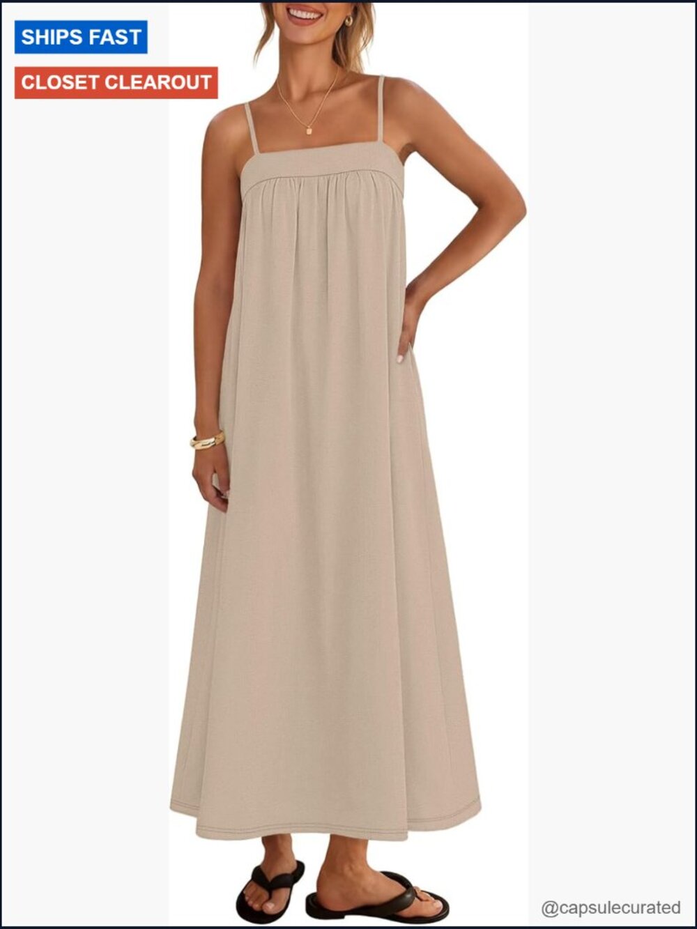 Adjustable Spaghetti Strap Square Neck Maxi Dress with Pockets, Lightweight